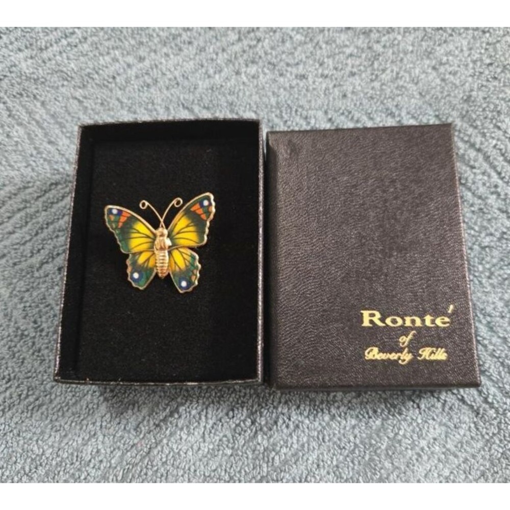 Ronte'  of Beverly Hills Butterfly Brooch Pin W/Box Gold Tone Multicolor Enamel